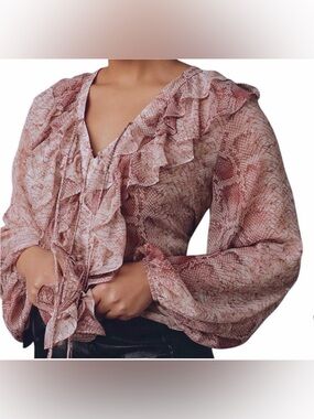 By Anthropologie Long-Sleeve Ruffled Blouse Women's 3X Neutral Animal Print NEW